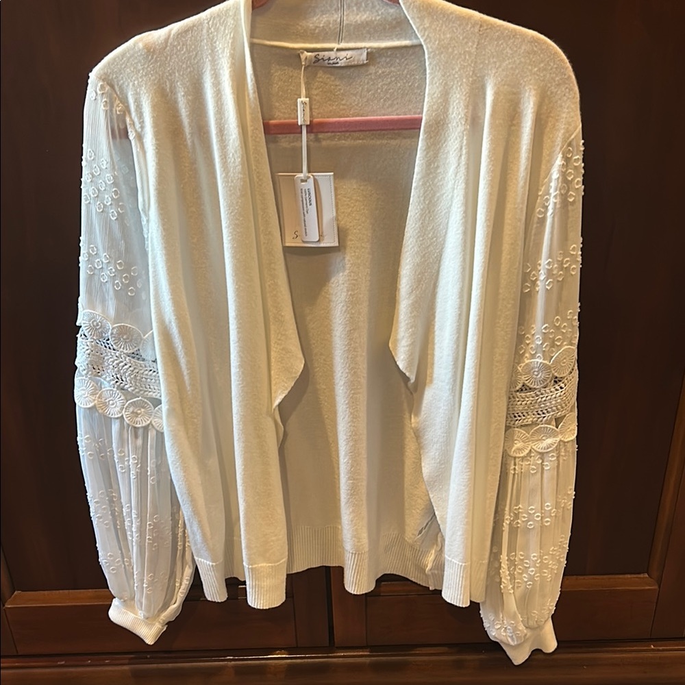 White Cardigan with Lace Detail and Shawl Collar